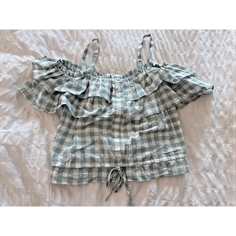 Lauren Conrad women's Medium cropped off the shoulder Top White & Blue Checkered